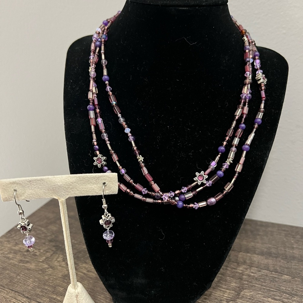 Purple Beaded Necklace and Earring Set